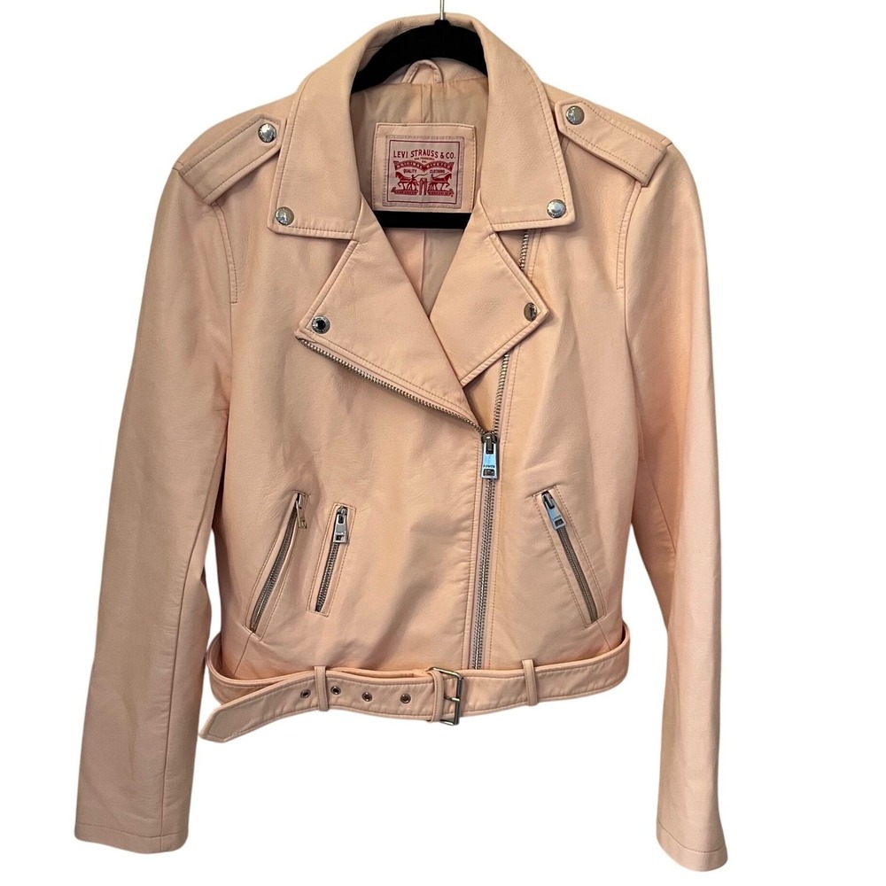Levi Strauss Co Pink Faux Leather Moto Jacket Belted Zip Detail. Womens Medium